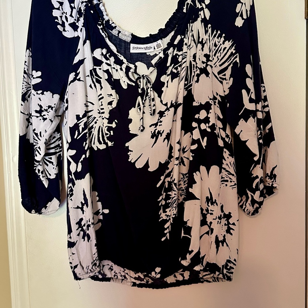 St. John's Bay Navy and White Floral Blouse